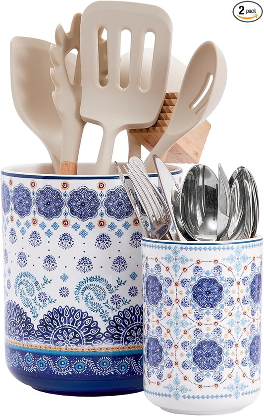 Bico Blue Talavera Ceramic Utensil Holder Set of 2, Ceramic Kitchen Utensil Crocks for Countertop, Large Cooking Tool Holder Counter Decor, Spatula Organizer