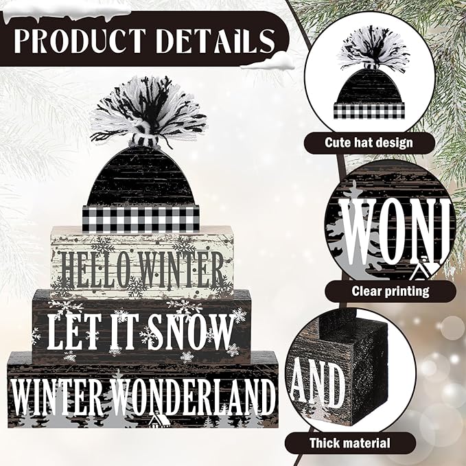 Geelin 4 Pcs Hello Winter Wooden Farmhouse Decor Let It Snow Wooden Centerpiece for Tiered Trays Rustic Kitchen Shelf Table Decor Winter Wonderland Party Home Decoration