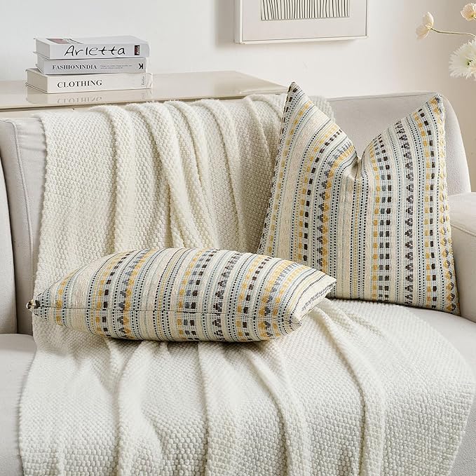 FUTEI Yellow Grey Decorative Throw Pillow Covers 20x20 Inch Set of 2,Soft Cozy Chenille Jacquard Textured Cushion Case,Boho Home Decor for Couch Bed Living Room