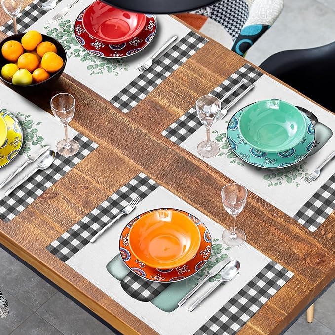 Spring Leaf Placemats 12×18 Inches Set of 4 Eucalyptus Leaf Black White Buffalo Check Seasonal Indoor Kitchen Dining Table Place Mats for Home Party Decoration