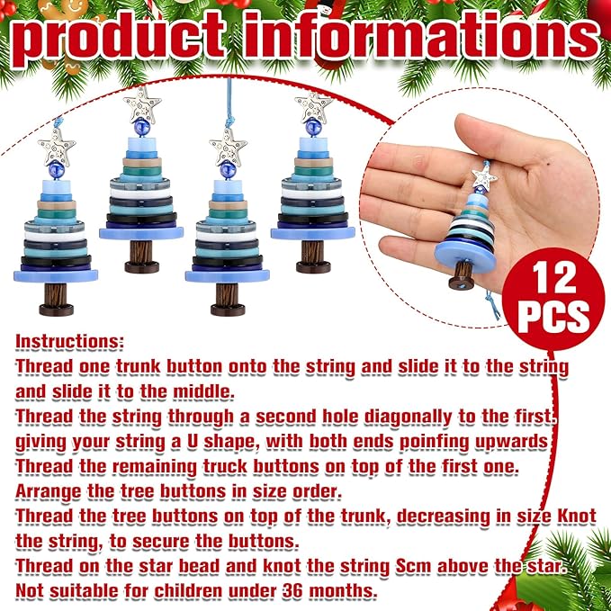 Soulchen 12 Sets Button Christmas Tree Craft Kits Make Your Own Button Christmas Tree Decorations DIY Xmas Hanging Ornament for Holiday Stocking Filler Gift Decor(Blue)