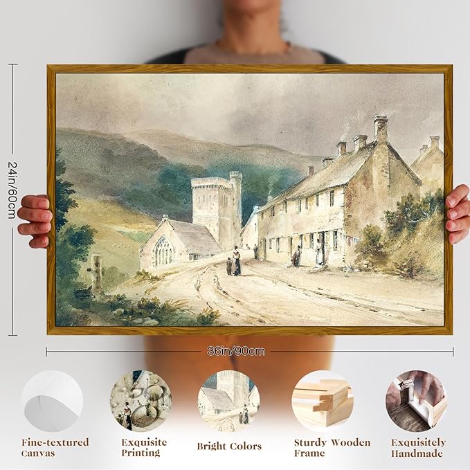 crmotu Large Framed Wall Art, Rural Street Landscape Art Prints, Vintage Architecture Scenery Canvas Painting, Retro Farmhouse Cottage Pictures Wall Decor Living Room Bedroom Office Artwork 24x36in