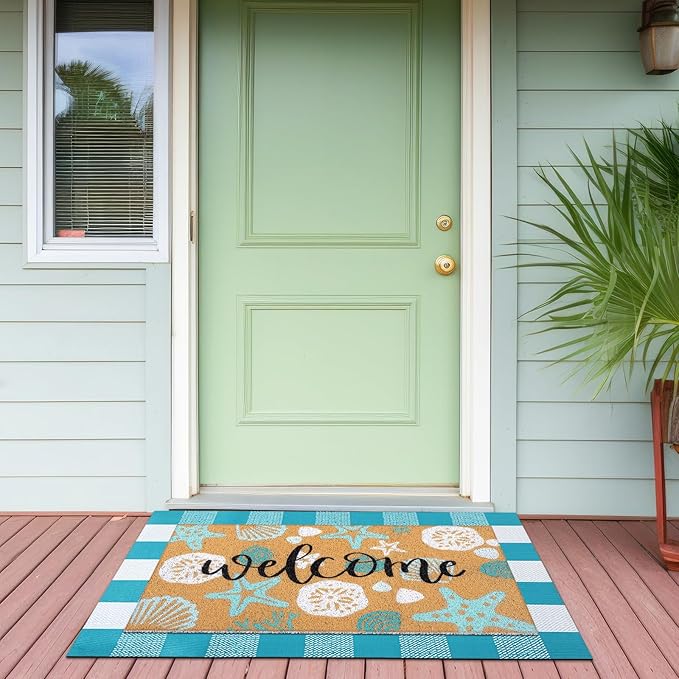2 Pcs Summer Door Mat Beach Welcome Non Slip Coir Mats Sea Style Starfish Seashells Ocean Buffalo Plaid Floor Layering Doormats Seasonal for Front Porch Entryway Decor(Summer Beach)