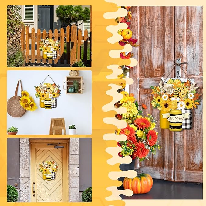 Bee Welcome Sign Wooden Yellow Bee Sign Bee Flower Gnome Wood Hanging Door Decor Farmhouse Porch Outdoor Front Door Decorations Supplies (Bee Style)