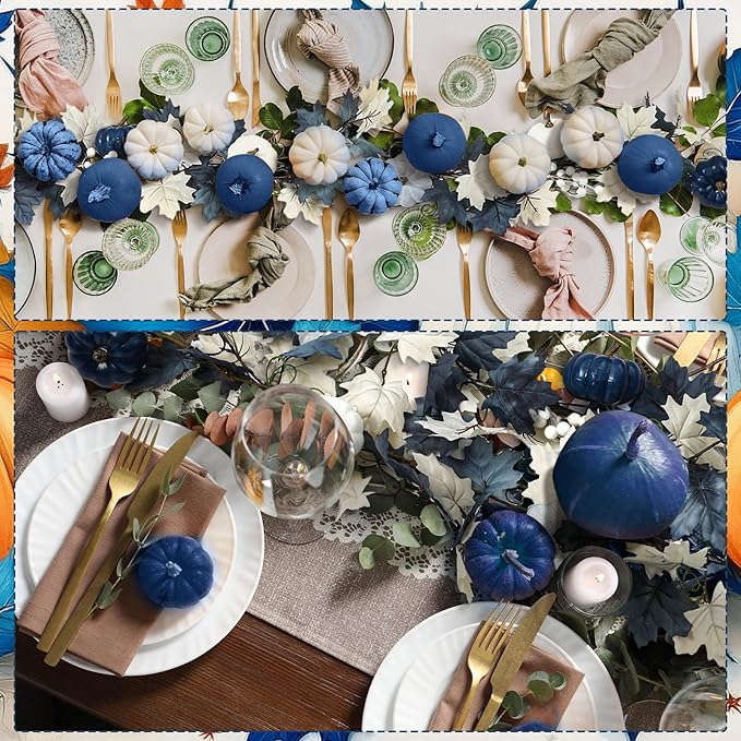 Zeyune 6ft Fall Blue Garland Decor Long Thanksgiving Garland with Pumpkin Autumn Maple Leaves White and Blue Pumpkins Wreath Hanging Rustic Decor for Front Door Kitchen Fireplace Home Indoor Outdoor