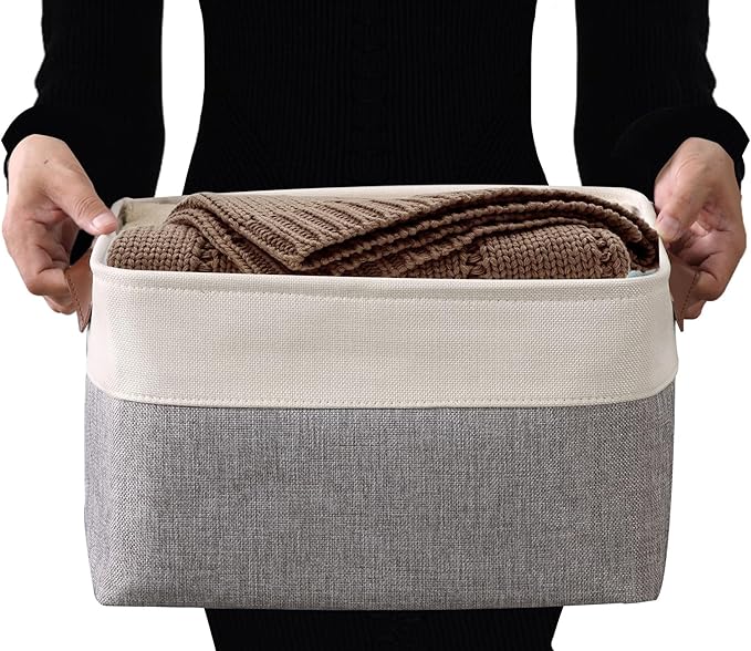 DECOMOMO Storage Bins | Fabric Storage Basket for Shelves for Organizing Closet Shelf Nursery Toy | Decorative Large Linen Closet Organizer Bins with Handles (White, Large - 3 Pack)