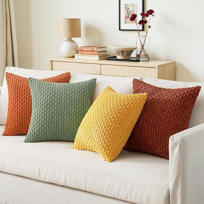 MIULEE Fall Burnt Orange Throw Pillow Covers Soft Couch Decorative Set of 4 Boho Striped Cushion Covers Corduroy Pillowcase Farmhouse Home Decor for Couch Bed Sofa Living Room 18x18 Inch Yellow Orange