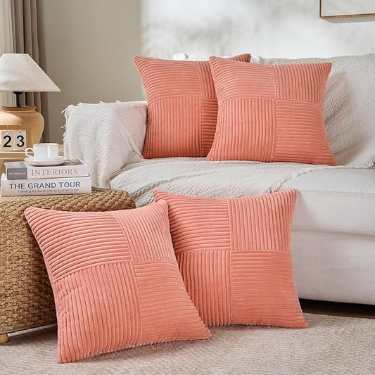 Fancy Homi 4 Packs Coral Decorative Throw Pillow Covers 20x20 Inch for Living Room Couch Bed Sofa, Rustic Farmhouse Boho Home Decor, Soft Cross Corduroy Patchwork Accent Peach Cushion Case 50x50 cm
