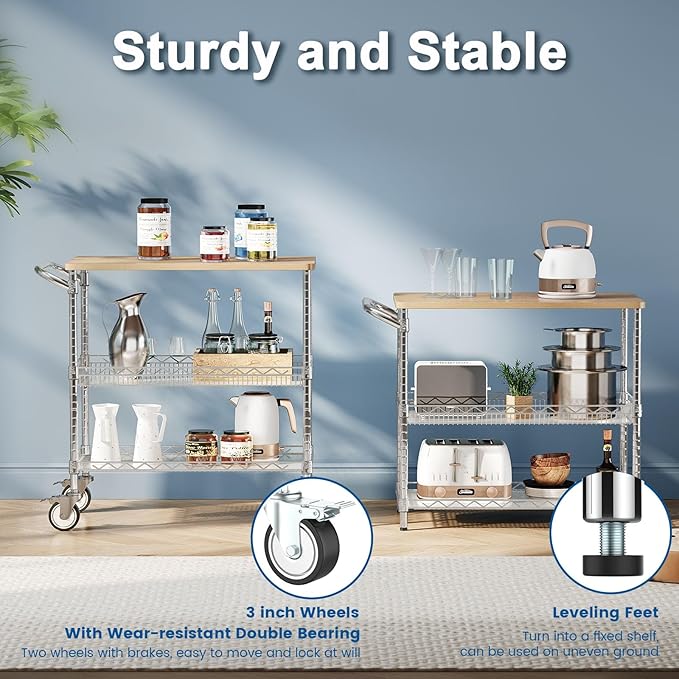 Leteuke Rolling Kitchen Carts with Wheels, 34" L x 17.5" W, 3-Tier Heavy Duty Utility Cart with Wood Tabletop, NSF Commercial Metal Serving Cart with Handle and Shelf Liner for Kitchen, Chrome