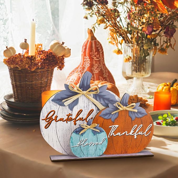 Soaoo Fall Pumpkin Table Decorations Wooden Thankful Blessed Centerpiece Autumn Grateful Tabletop Decor Farmhouse Harvest Pumpkin Block Signs for Party Rustic Table Shelf Decor Home(Vivid)