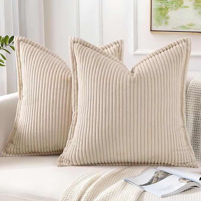 Mecatny Corduroy Throw Pillow Covers 20x20 Set of 2, Neutral Decorative Soft Boho Couch Pillow Covers with Broadside for Sofa Living Room, Beige