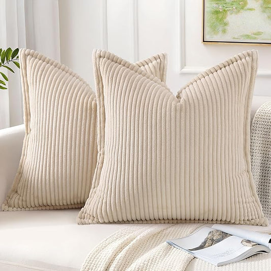 Mecatny Corduroy Throw Pillow Covers 22x22 Set of 2, Neutral Decorative Soft Boho Couch Pillow Covers with Broadside for Sofa Living Room, Beige
