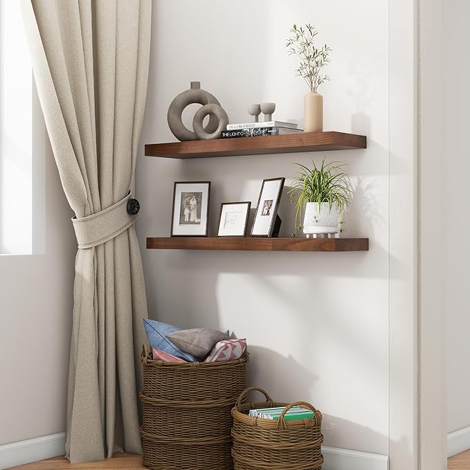 fuqing 30 Inch Floating Shelves for Wall, Rustic Wood Floating Shelves for Wall Set of 2, 30'' Long Wooden Wall Shelves for Living Room Bedroom Bathroom Home Office - Walnut