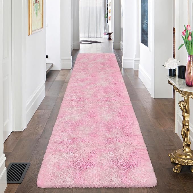Super Soft Fluffy Living Room Area Rug 2x8 ft Tie-Dyed Light Pink Shaggy Furry Carpet Washable Non-Slip Floor Rugs Bedroom Bedside Nursery Kawaii Rug Fuzzy Girls Dorm Home Decor Aesthetic