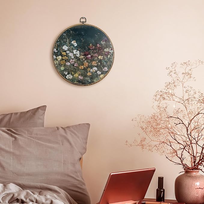 FUGWN Dark Cottagecore Moody Wildflower Round Wall Art Decor Framed, Vintage Flower Botanical Canvas Artwork Prints, Retro Colorful Floral Wall Hanging Decorations for Home Bedroom Room, 10x10 Inch