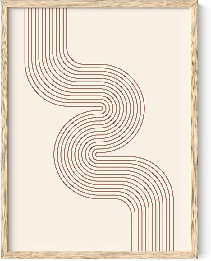 HAUS AND HUES Line Art Mid Century Modern Wall Decor - Boho Prints Wall Art Abstract Geometric Wall Decor Line Art Prints Modern Boho Art Snaking River from Top Left (Beige Framed, 12x16)