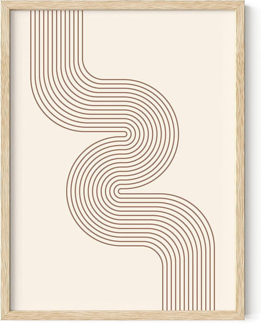 HAUS AND HUES Line Art Mid Century Modern Wall Decor - Boho Prints Wall Art Abstract Geometric Wall Decor Line Art Prints Modern Boho Art Snaking River from Top Left (Beige Framed, 12x16)