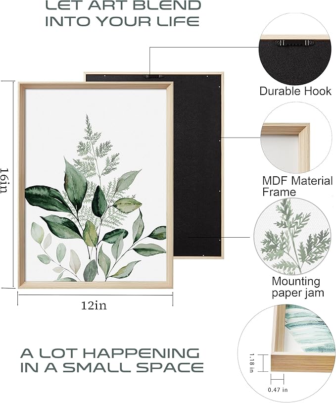 UPWOIGH 12x16 in Green Framed Wall Art, Olive Leaf Plant Canvas Wall Decor, Set of 3 Neutral Botanical Prints Artwork for Living Room and Bedroom, Gift