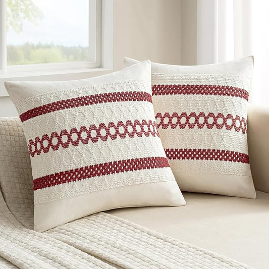 MIULEE Set of 2 Christmas Burgundy Boho Decorative Pillow Covers 20x20 Inch Farmhouse Rustic Couch Throw Pillows Modern Cotton Cushion Covers Retro Cute Macrame Woven Home Decor for Bed Sofa Chair