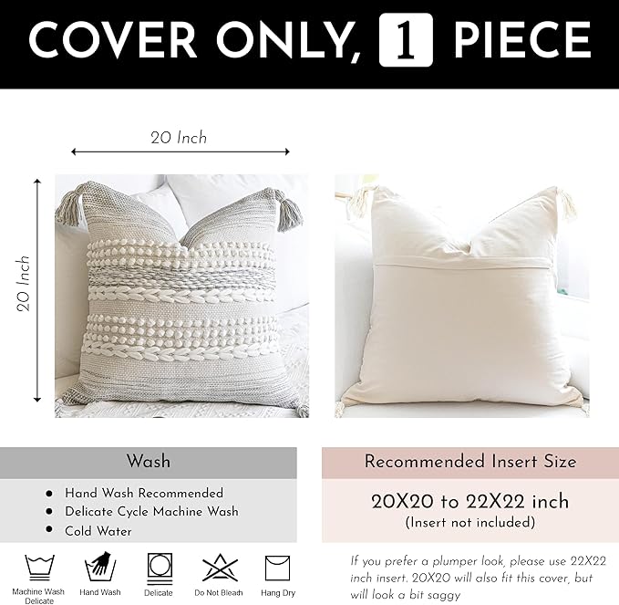 Gray Decorative Throw Pillow Cover 20X20, Boho Accent Pillow for Couch, Square Modern Farmhouse Pillowcase for Living Room Couch Sofa Cushion Home Décor (Pack of 1)