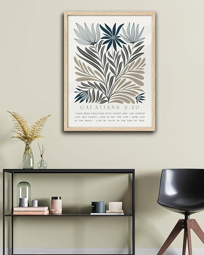 EcoHest Christian Bible Verse Floral Framed Wall Art, Large 16x20 in OAK Wood Boho Abstract Flowers Canvas Wall Art, Galatians 2:20 Home Decor, Beige Logs Christ Set of 1 for Bedroom Living Room