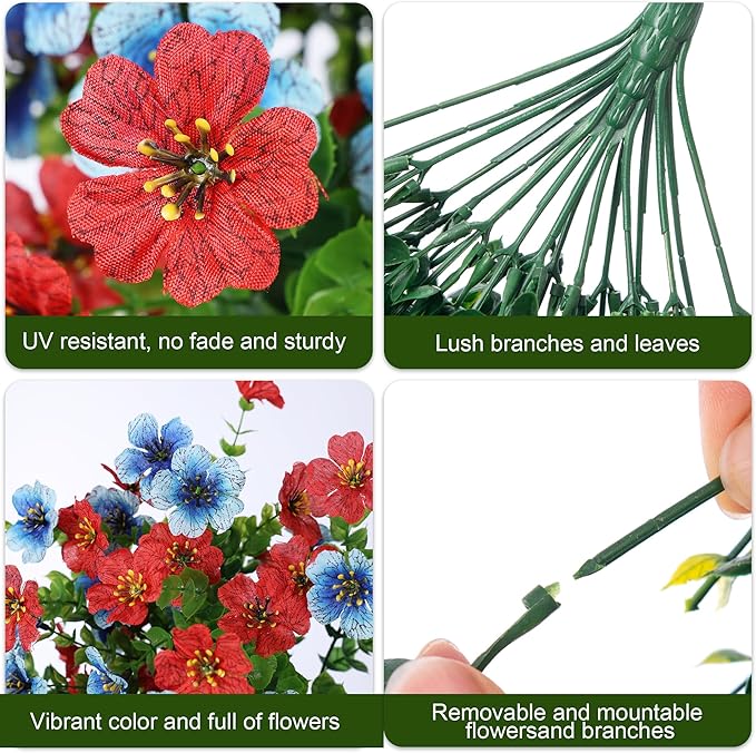 INSPRING Artificial Faux Hanging Flowers Plants for Spring Outdoor Outside Decoration, 2 PCS Fake Silk Daisy with Eucalyptus UV Resistant Realistic Trailing Vines for Balcony Patio Porch (BlueRed)