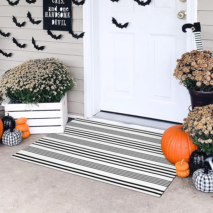 OJIA Fall Front Door Mats Outdoor 24"x35", Cotton Woven Halloween Doormat Front Door Rug Washable Indoor Door Mat Black and White Outdoor Rugs Striped Rug for Porch Decor/Farmhouse/Entryway