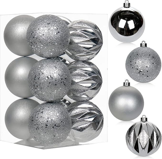 12PCS 3.15" Christmas Ball Ornaments Shatterproof Silver Christmas Tree Decorations Xmas Tree Balls Halloween Ornaments Décor