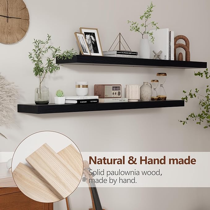 Black Floating Shelves 48 Inch, Solid Wood Wall Mounted Shelves Set of 2, Extra Long Modern Floating Shelves for Wall Decor & Storage, Shelves for Bathroom Bedroom Kitchen Living Room - Black