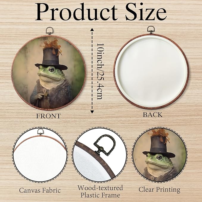 Frog Vintage Round Art Wall Hanging, Iron hanging eyelet, Modern Living Room Wall Decor, medieval framed artwork canvas print, for home bedroom rustic farmhouse decoration - A02