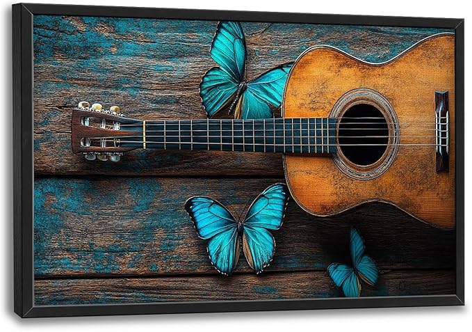 Olivine Music Wall Art, Guitar Pictures Wall Decor, Butterfly Painting, Vintage Musical Instruments Canvas Prints, Framed Artwork for Bathroom Bedroom Living Room Office Home Decoration 36"x24"