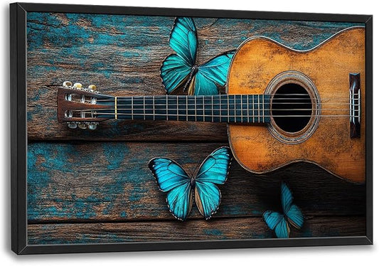 Olivine Music Wall Art, Guitar Pictures Wall Decor, Butterfly Painting, Vintage Musical Instruments Canvas Prints, Framed Artwork for Bathroom Bedroom Living Room Office Home Decoration 36"x24"