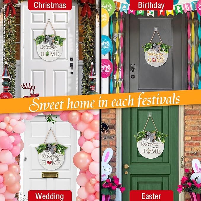 MIPON Welcome Sign for Front Door, Wall, or Porch Decor - Interchangeable Seasonal 17 Changeable Icons for All Seasons & Holidays (Spring, Summer, Fall, Winter, Easter, Christmas) - White