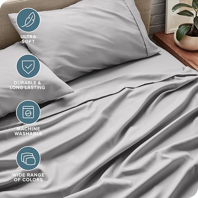 Bare Home Full XL Sheet Set - Luxury 1800 Ultra-Soft Microfiber Full Extra Long Bed Sheets - Double Brushed - Deep Pockets - Easy Fit - 4 Piece Set - Bedding Sheets & Pillowcases (Full XL, Light Grey)