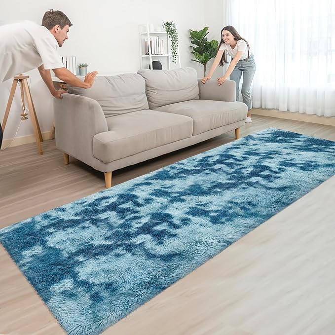 Super Soft Fluffy Living Room Area Rug 3x10 ft Tie-Dyed Light Blue Shaggy Furry Carpet Washable Non-Slip Floor Rugs Bedroom Bedside Nursery Rug Fuzzy Girls Boy Dorm Home Decor Aesthetic