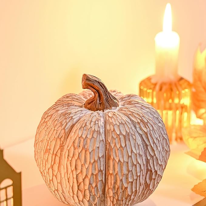 Artificial Pumpkin Decor, Brown and White Decorative Pumpkins, Thanksgiving Resin Pumpkins Figurine Set of 2, Carved Pumpkin Statues for Rustic Fall Tabletop Home Decor, Harvest, Wedding