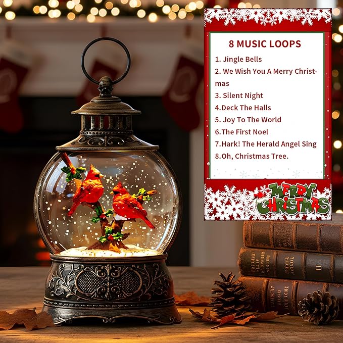 Christmas Village Snow Globe Lighted Cardinal Holly Scene, Musical Snow Water Lantern Swirling Glittering Home Decoration and Gift, Battery Operated or USB Powered