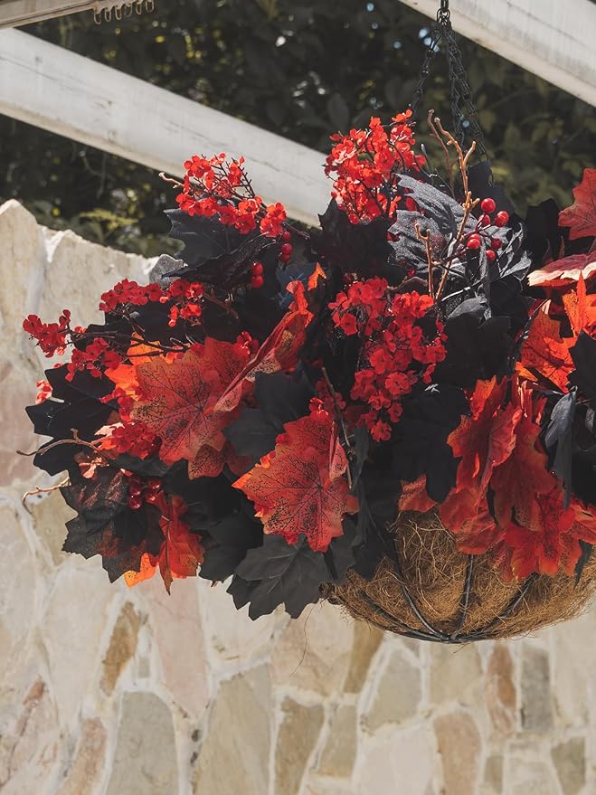 16pcs Fake Plants Outdoor, Halloween Maple Leaves Branch, Autumn Artificial Plants with Black Maple Leaves, Faux Leaves Spray for Halloween Thanksgiving Home Deocr