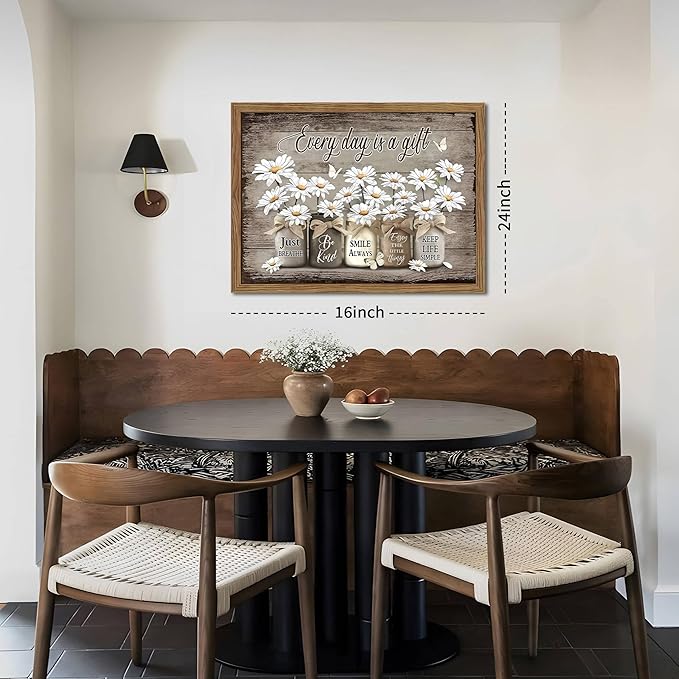 Rustic Bathroom Wall Art, Vintage Daisy Farmhouse Canvas Wall Decor Paintings, Flower Butterfly Inspirational Posters Prints Pictures Artwork for Bathroom Restroom 16x24 Inch Wood Framed