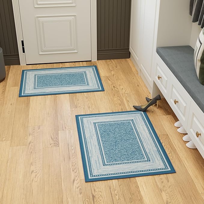 Ottomanson Rugs for Entryway 2'3" x 3' - 2 Pack Non Slip Border Small Area Rugs Durable Front Door Mat Rug Stain Resistant Entrance Rugs for Bathroom Kitchen Bedroom & Living Room, Turquoise