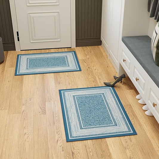 Ottomanson Rugs for Entryway 2'3" x 3' - 2 Pack Non Slip Border Small Area Rugs Durable Front Door Mat Rug Stain Resistant Entrance Rugs for Bathroom Kitchen Bedroom & Living Room, Turquoise