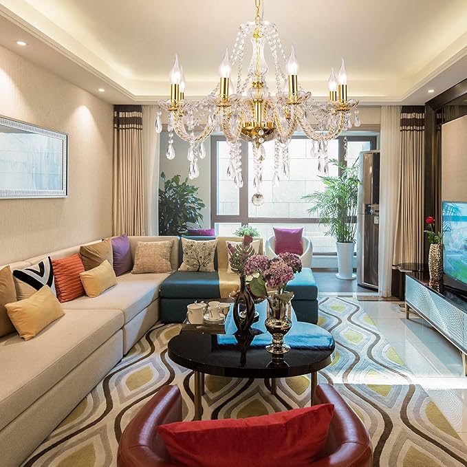 Panghuhu88 K9 Crystal Candle Chandeliers Lighting 8 Lights Pendant Ceiling Fixture Lamp for Dining Living Room Bedroom Hallway Entry Elegant Decoration (8 Bulbs)