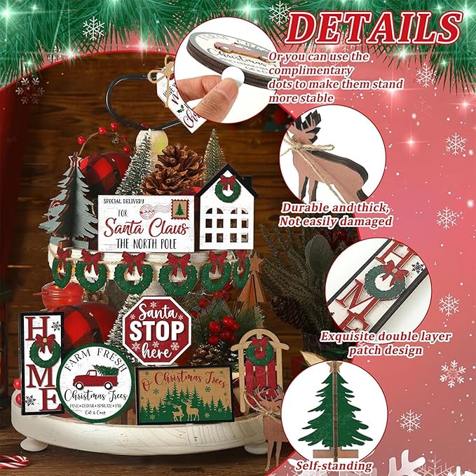17 Pcs Christmas Tiered Tray Decor Set Winter Tiered Tray Decorations Farmhouse Tabletop Centerpiece Christmas Wooden 3D Sign for Xmas Home Buffalo Plaid Rustic Table Decoration(Fresh)