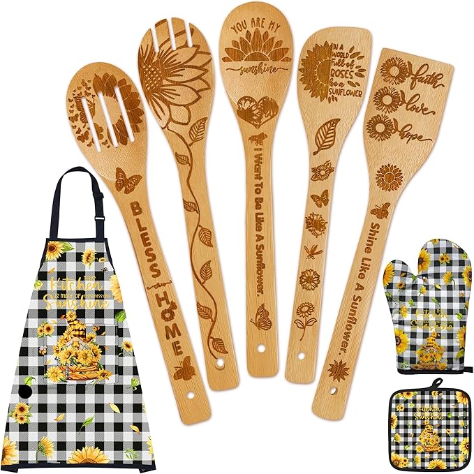 Sunflower Kitchen Decor Utensil Set -Bamboo Cooking Spoon with Apron Oven Mitt Pot Holder -Sunflower Kitchen Accessories,Home Decorations Gifts for Women-Housewarming,Birthday Gift,8PCS