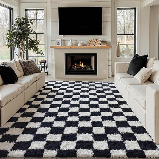 Checkered Rug 9x12 for Living Room, Black and White Modern Shag Super Soft Washable Fluffy Rugs Indoor Fuzzy Carpet for Bedroom Home Dorm Aesthetic Decor