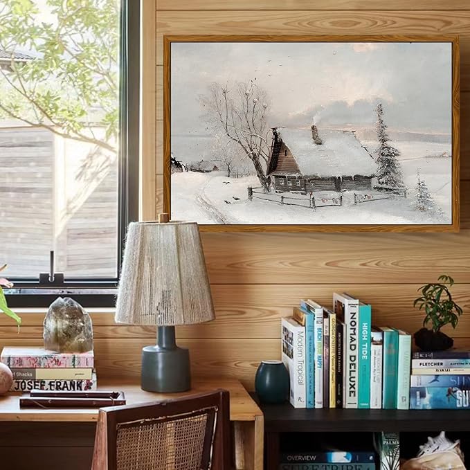 crmotu Large Framed Wall Art, Winter Landscape Vintage Decor Painting, Retro Snowy Cabin Canvas Prints, Country Nature Scenery Pictures Wall Decor Living Room Bedroom, Rustic Farmhouse Artwork 24x36in