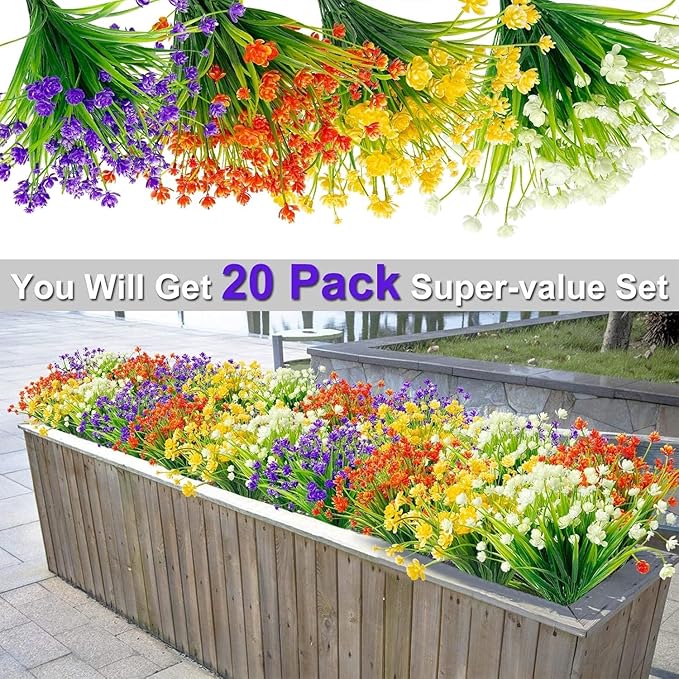 TURNMEON 20 Bundles Artificial Flowers for Outdoors Fake Plants Gardens Home Fall Decor, UV Resistant Artificial Plants Fake Flowers Faux Plastic Greenery Shrub Porch Patio Indoor Decorations 580 Head