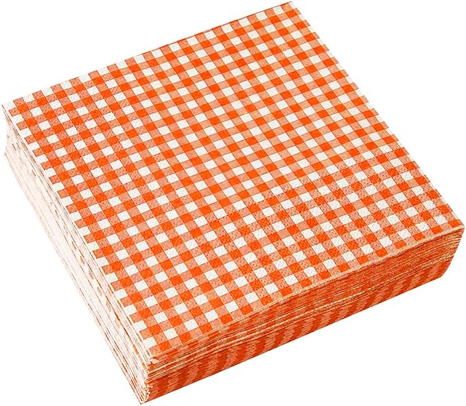 Gatherfun Disposable Paper Napkins 3-ply Orange and White Gingham Beverage Napkins for Dinner, Picnic, Birthday Party（6.5X6.5 in, 50-Pack)