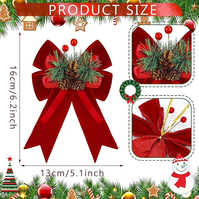 Syhood 6 Pcs Christmas Velvet Bow with Pine Cones Pine Needles Berries Xmas Wine Red Ribbon Bow Ornaments 6.3 x 5.1 Inch for Christmas Tree Wreath Garden Fireplace Crafts DIY Decor