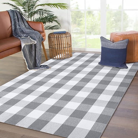 KOZYFLY Buffalo Plaid Area Rug 4 x 6 Ft Gray and White Checkered Rug Washable Outdoor Rugs Cotton Rugs for Bedroom Front Door Mat Carpet for Front Porch Living Room Dining Room Kitchen